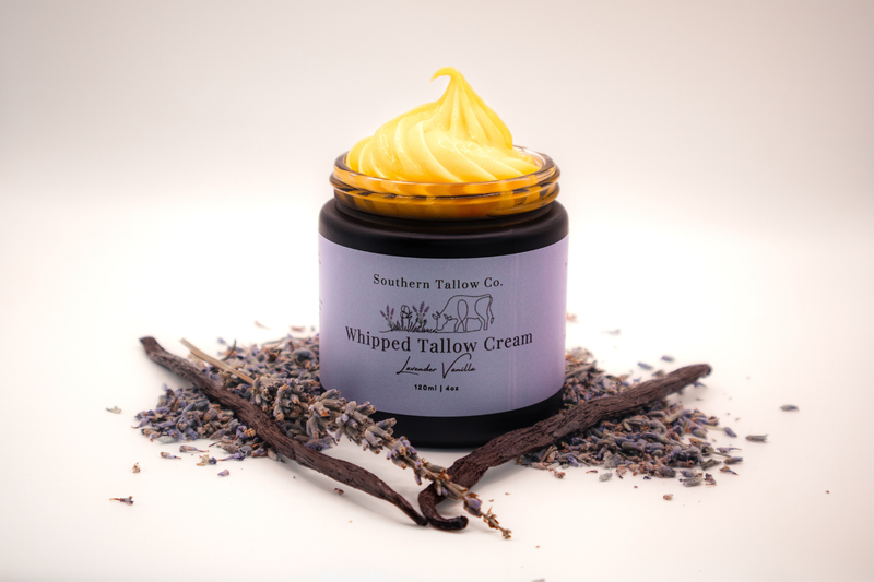 Jar of Southern Tallow Co. Whipped Tallow Cream with lavender and vanilla beans on a light background